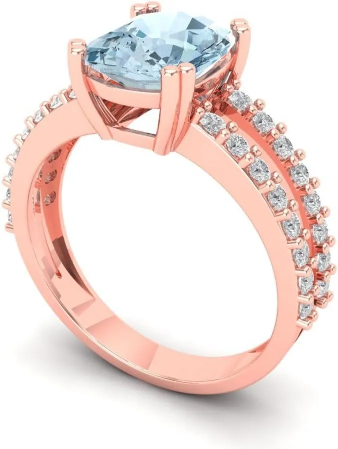 Clara Pucci 3.44ct Cushion Cut Solitaire Natural Sky Blue Aquamarine Designer Wedding Bridal art deco Anniversary Ring 14k Rose Gold
