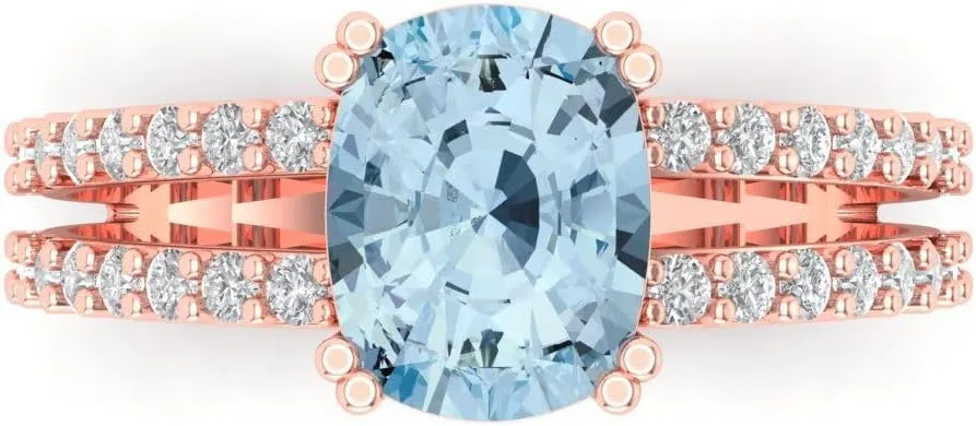 Clara Pucci 3.44ct Cushion Cut Solitaire Natural Sky Blue Aquamarine Designer Wedding Bridal art deco Anniversary Ring 14k Rose Gold