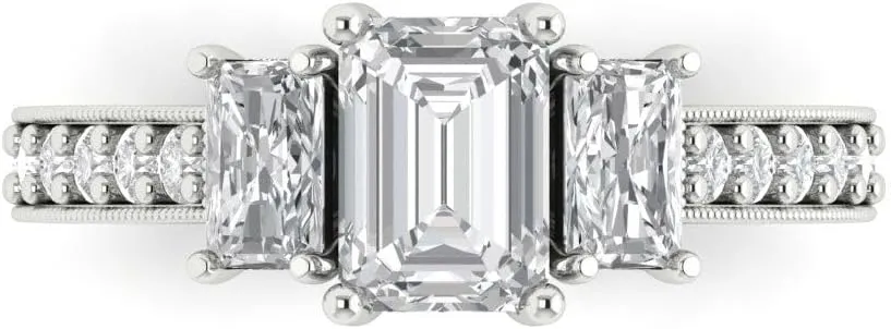Clara Pucci Natural Diamond Engagement or Promise Ring for Women – Three–Stone, 1.88 tcw Emerald Cut in 18K Solid Gold (White, Yellow, or Rose)