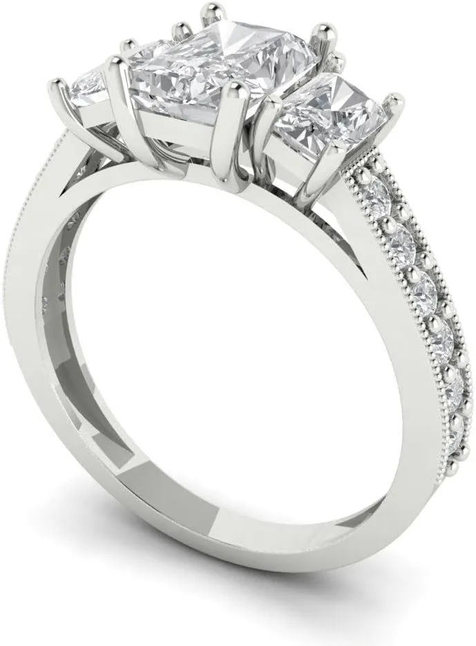 Clara Pucci Natural Diamond Engagement or Promise Ring for Women – Three–Stone, 1.88 tcw Emerald Cut in 18K Solid Gold (White, Yellow, or Rose)