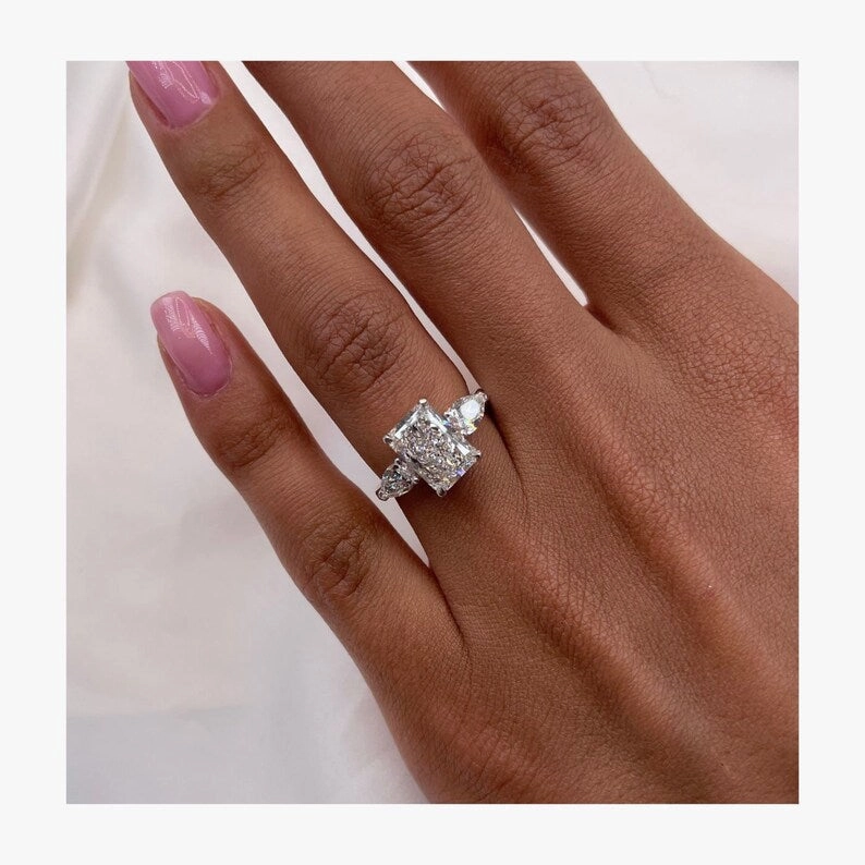 Classic 2.0 CT Radiant Moissanite Engagement Ring with Three Stone Design