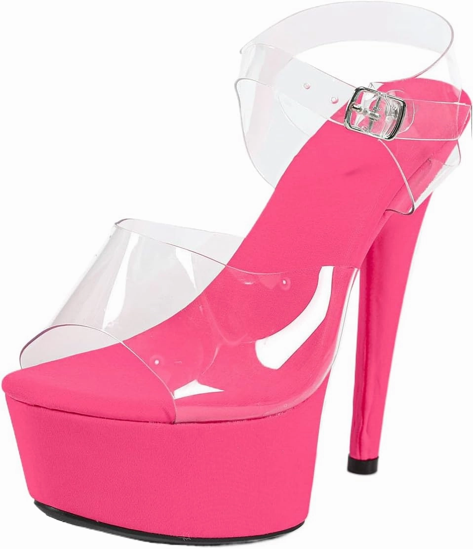 Clear Platform Sandals with Ankle Strap, 6 Inch Stiletto Heel, Hot Pink