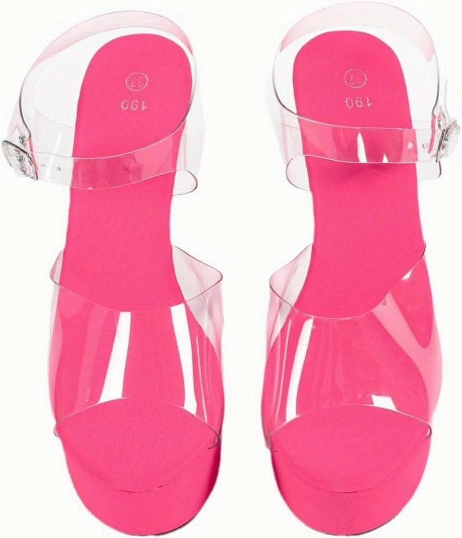 Clear Platform Sandals with Ankle Strap, 6 Inch Stiletto Heel, Hot Pink