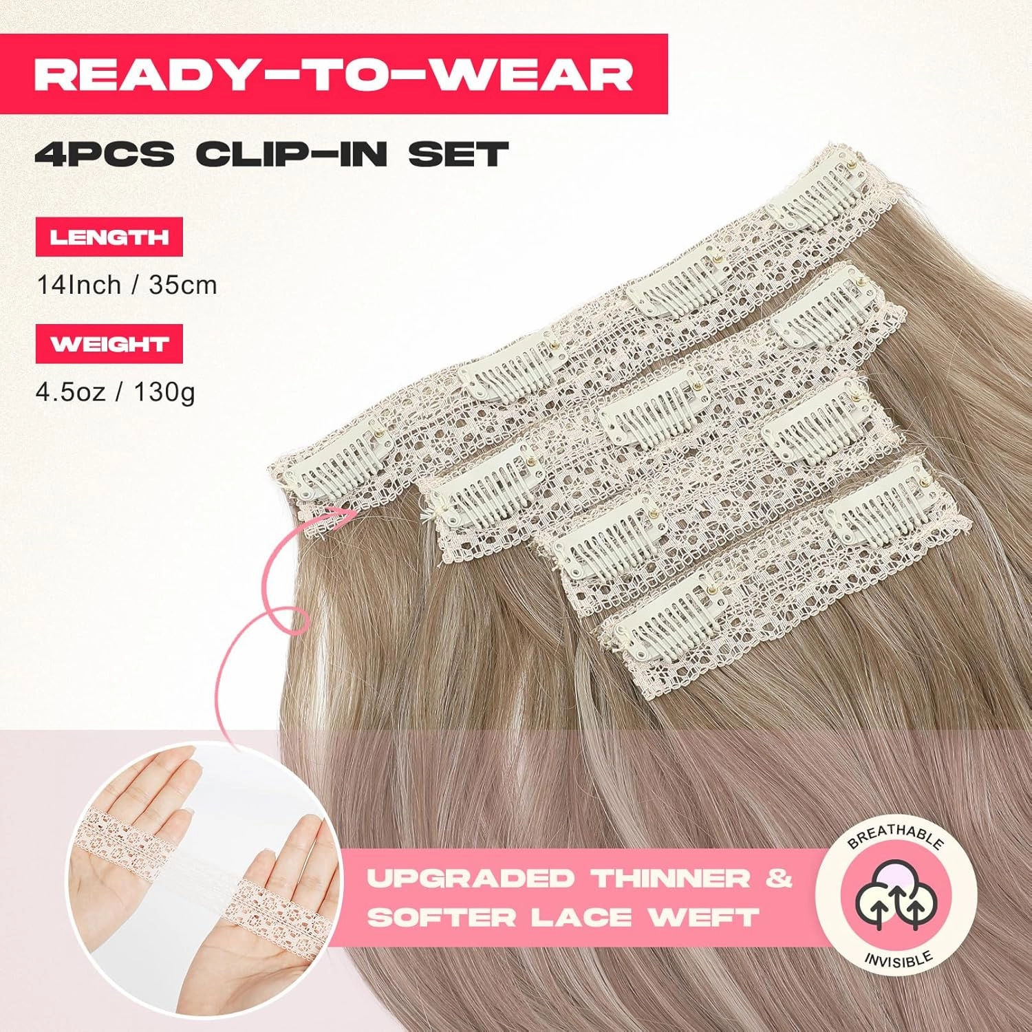 Clip in Hair Extensionss, 4PCS Hair Extensions 14" Short Layered Cut Hair Extensions Invisible Lace Weft Natural Soft Hairpieces for Women - Ash Brown with Highlights
