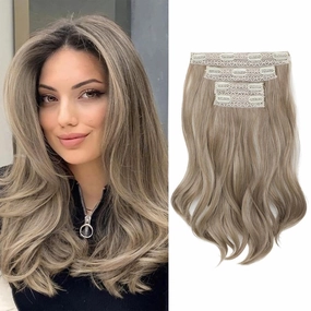Clip in Hair Extensionss, 4PCS Hair Extensions 14" Short Layered Cut Hair Extensions Invisible Lace Weft Natural Soft Hairpieces for Women - Ash Brown with Highlights
