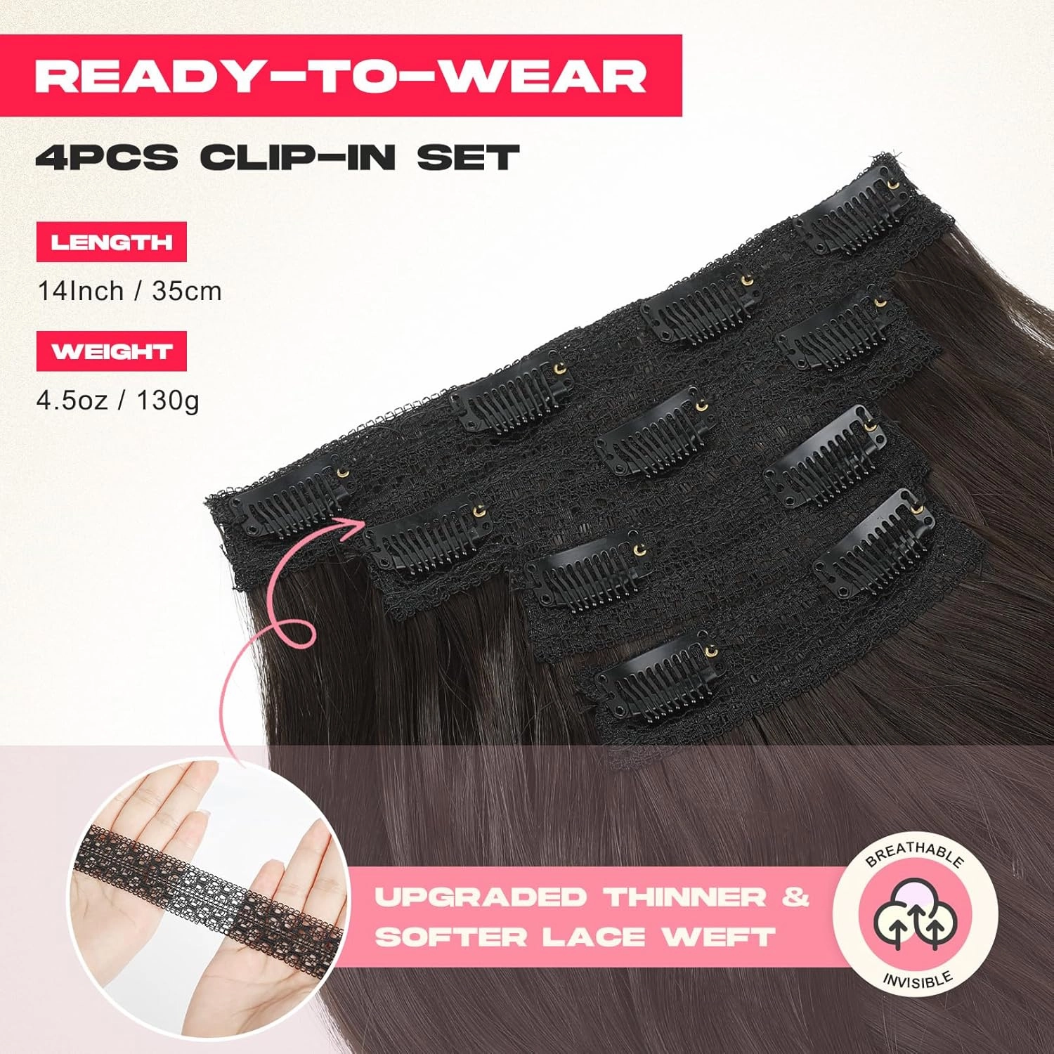 Clip in Hair Extensionss, 4PCS Hair Extensions 14" Short Layered Cut Hair Extensions Invisible Lace Weft Natural Soft Hairpieces for Women - Black Brown