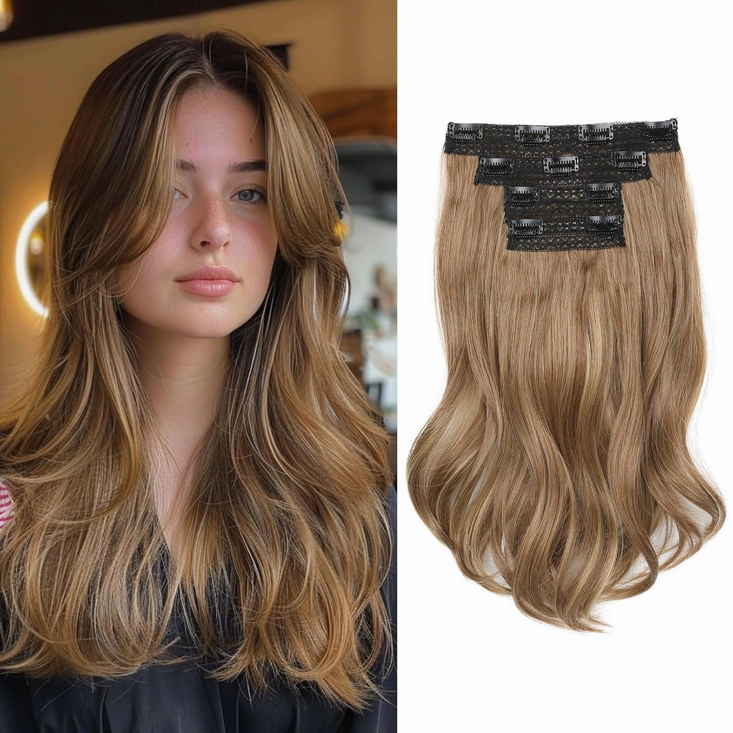 Clip in Hair Extensionss, 4PCS Hair Extensions 14" Short Layered Cut Hair Extensions Invisible Lace Weft Natural Soft Hairpieces for Women - Light Brown with Highlights
