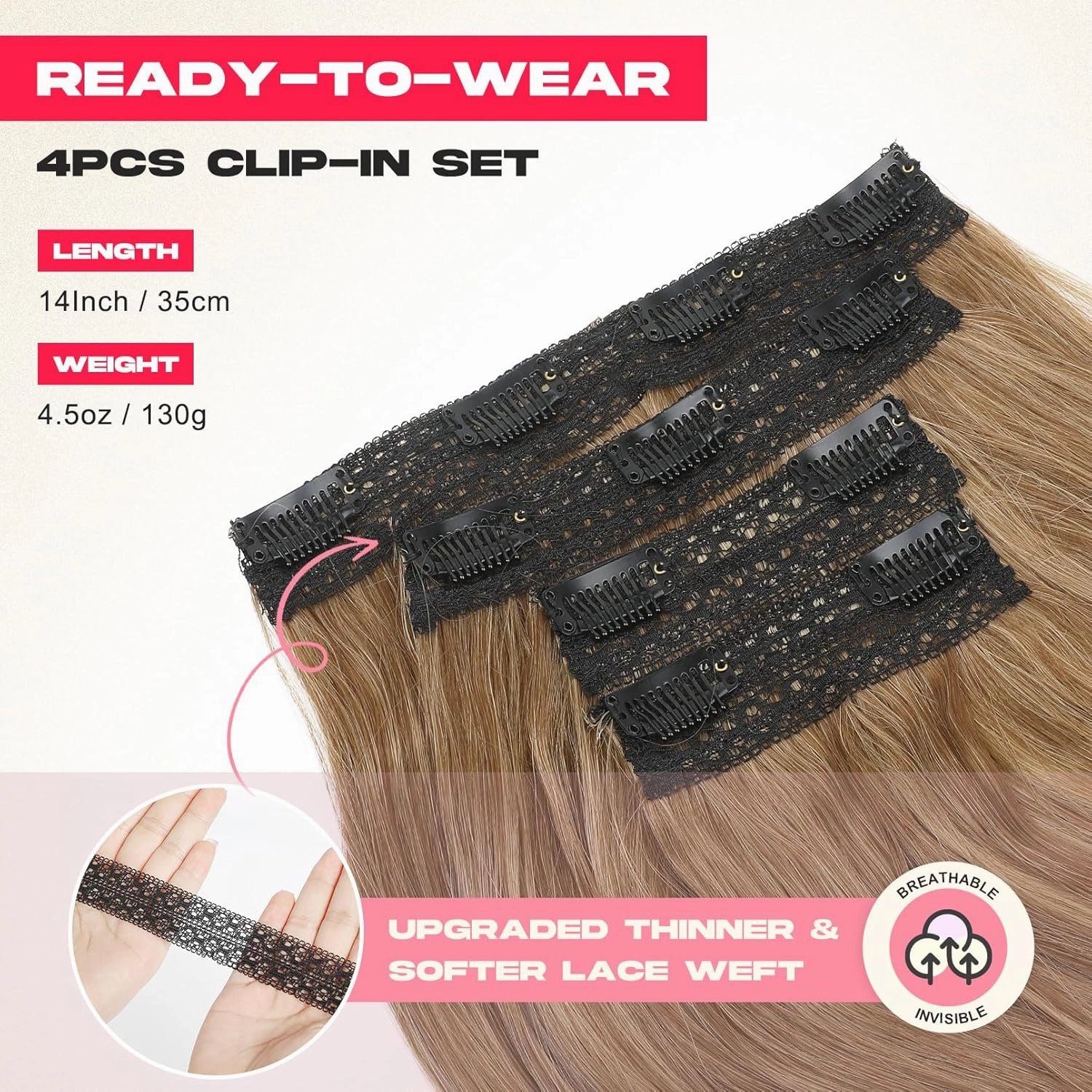 Clip in Hair Extensionss, 4PCS Hair Extensions 14" Short Layered Cut Hair Extensions Invisible Lace Weft Natural Soft Hairpieces for Women - Light Brown with Highlights