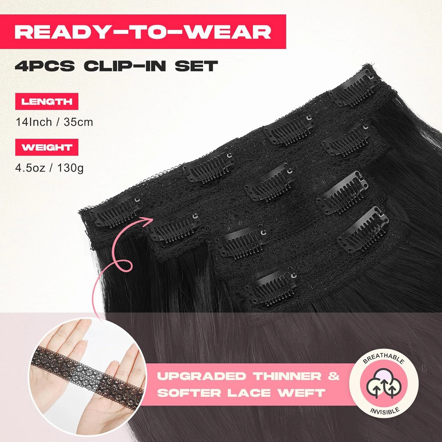 Clip in Hair Extensionss, 4PCS Hair Extensions 14" Short Layered Cut Hair Extensions Invisible Lace Weft Natural Soft Hairpieces for Women (Black)