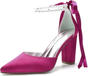 Closed Toe Pearl High Heels Satin Wedding Shoes for Bride Block Heels Bridal Shoes Prom Evening Party Dress Shoes Pumps