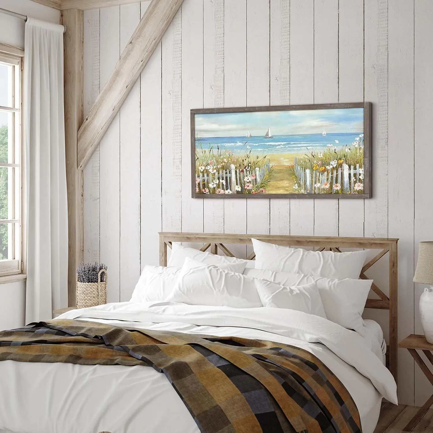 Coastal Beach Framed Wall Art: Nautical Reed Wooden Artwork Seascape Painting Ocean Sailboats Painting 48 x 24 inches