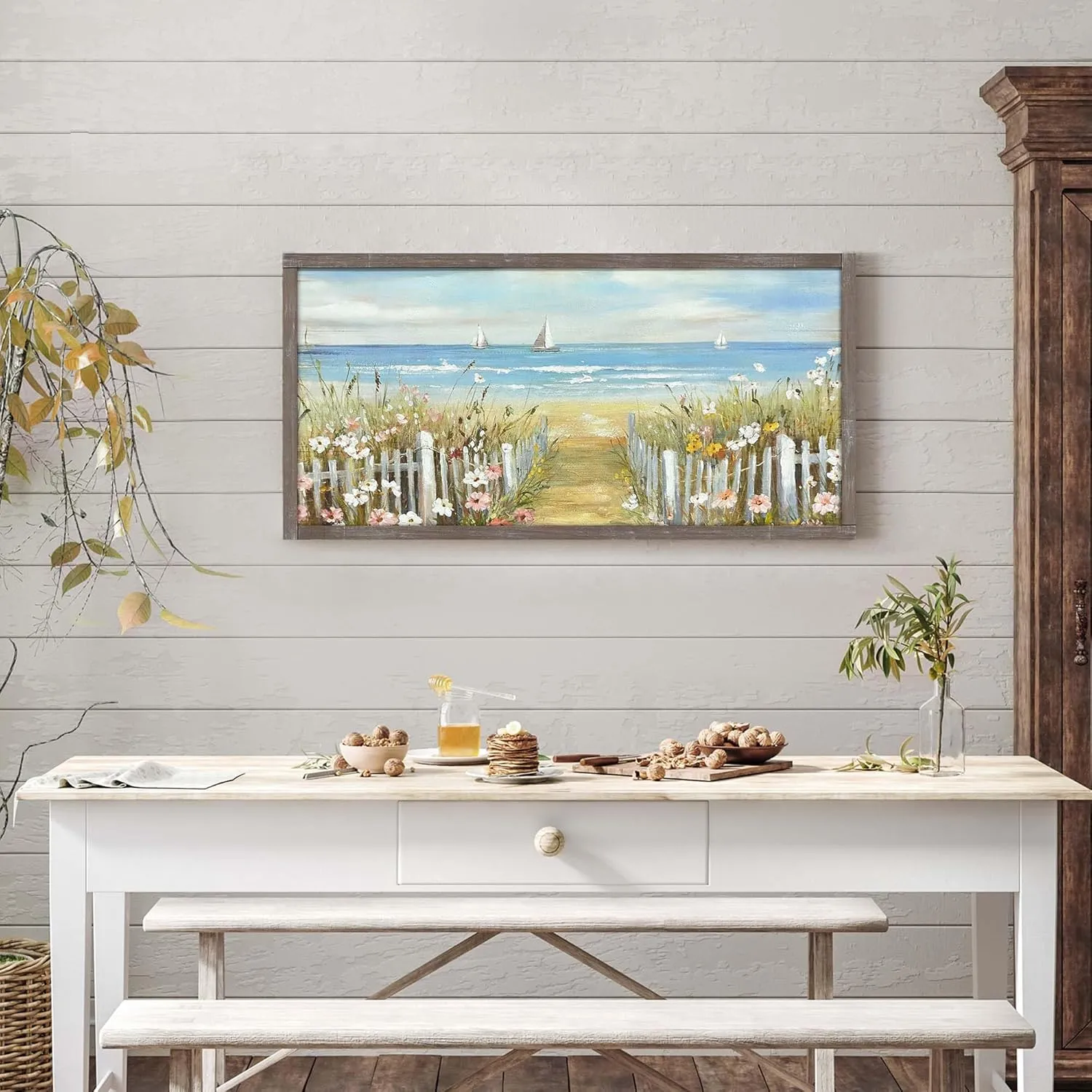 Coastal Beach Framed Wall Art: Nautical Reed Wooden Artwork Seascape Painting Ocean Sailboats Painting 48 x 24 inches