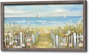 Coastal Beach Framed Wall Art: Nautical Reed Wooden Artwork Seascape Painting Ocean Sailboats Painting 48 x 24 inches