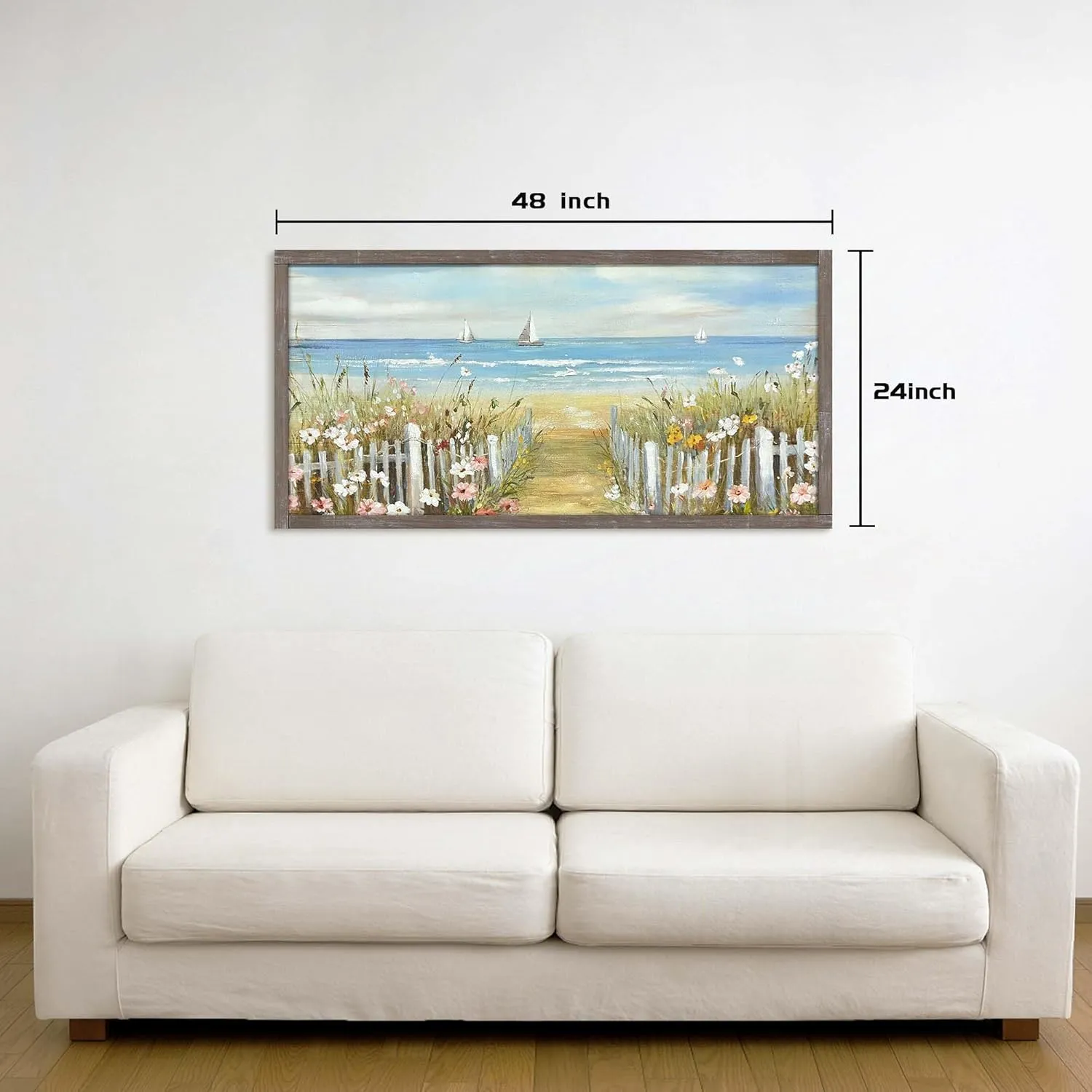 Coastal Beach Framed Wall Art: Nautical Reed Wooden Artwork Seascape Painting Ocean Sailboats Painting 48 x 24 inches