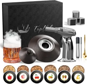 Cocktail Smoker Kit with Torch and Whiskey Glass, 6 Flavors Wood Chips and 3 Whisky Stones for Whiskey & Bourbon, Gift for Husband, Birthday Gift (No Butane)