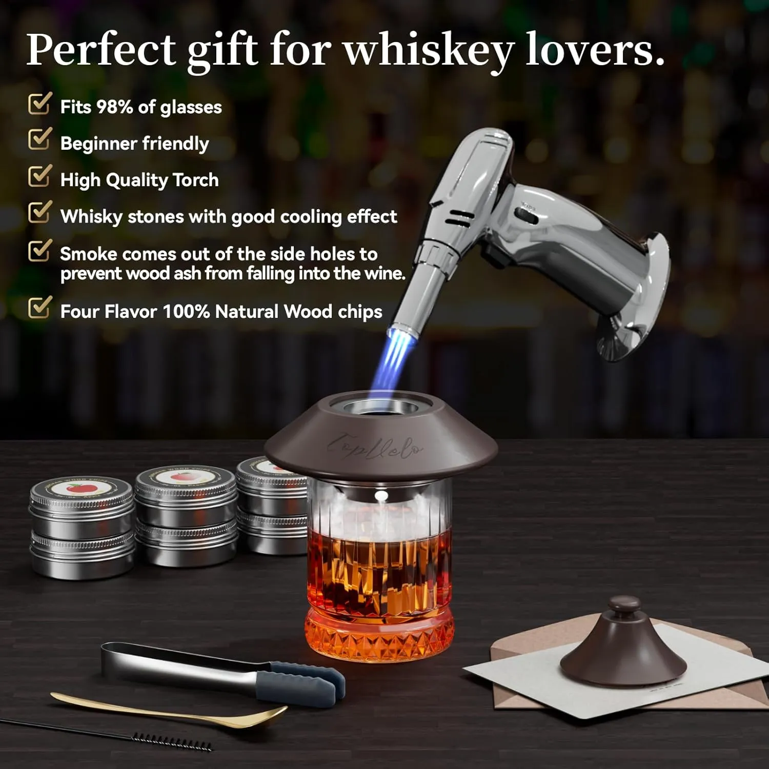 Cocktail Smoker Kit with Torch and Whiskey Glass, 6 Flavors Wood Chips and 3 Whisky Stones for Whiskey & Bourbon, Gift for Husband, Birthday Gift (No Butane)