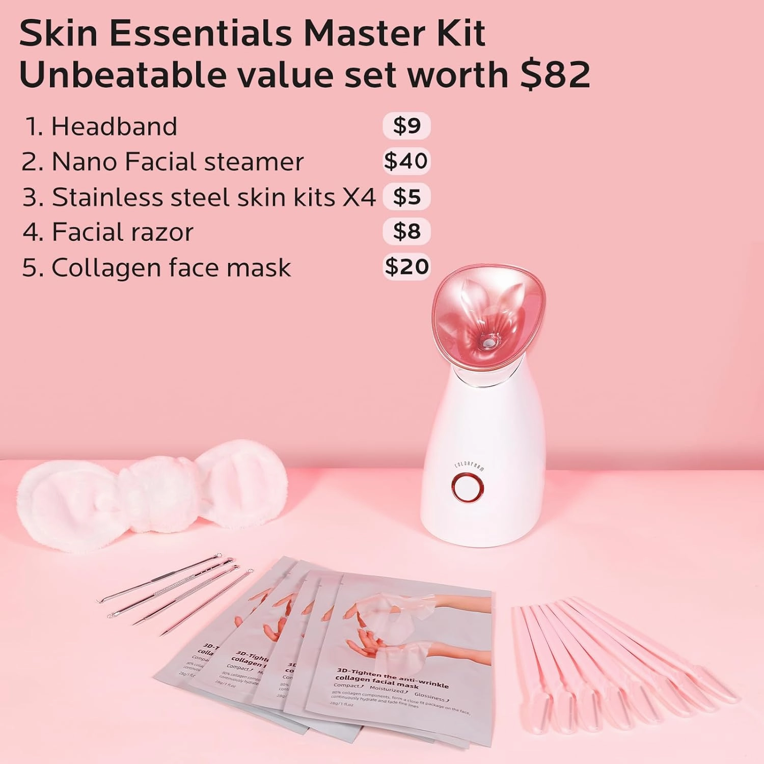 Colorfarm Facial Steamer Skin Care Kit: Face Steamer Home Spa Deep Cleaning Unclogs Pores with 4 Skin Care Tools - Relaxing Self Care Skincare Beauty Gifts for Women Girl (Skin Essentials Master Kit)