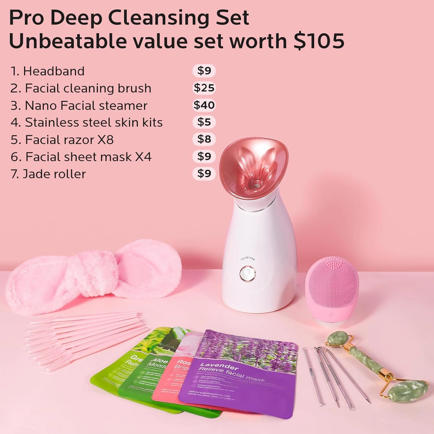 Colorfarm Facial Steamer Skin Care Set: Face Steamer Home Spa Kit Deep Cleaning Unclogs Pores with 6 Skin Care Tools - Spa Relaxing Self Care Gifts for Women (Pro Deep Cleansing Set)