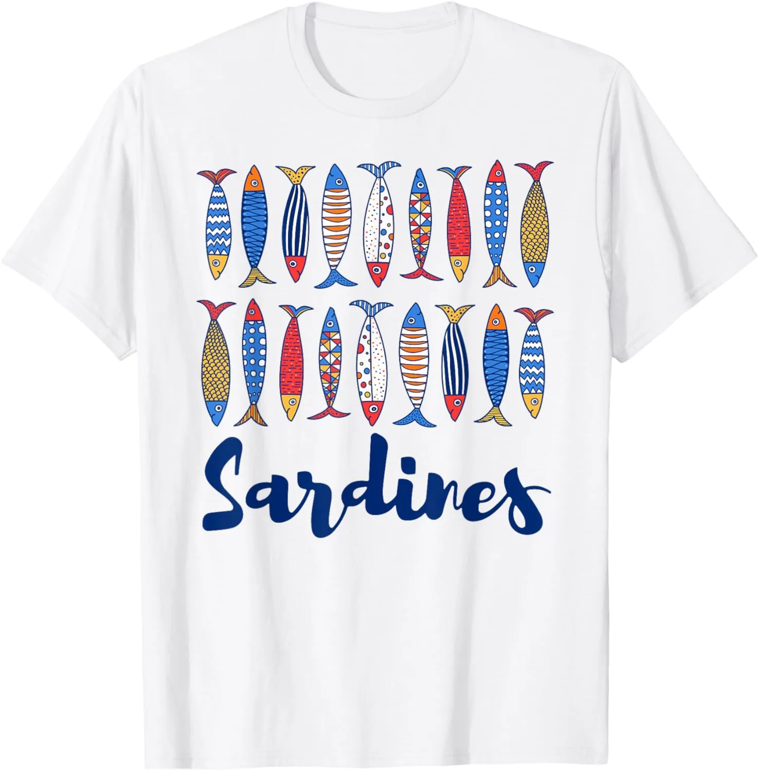 Colorful Sardines Fish Row Whimsical Folk Art Graphic T-Shirt