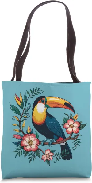 Colorful Toucan Perched on Floral Branch Tropical Art Tote Bag