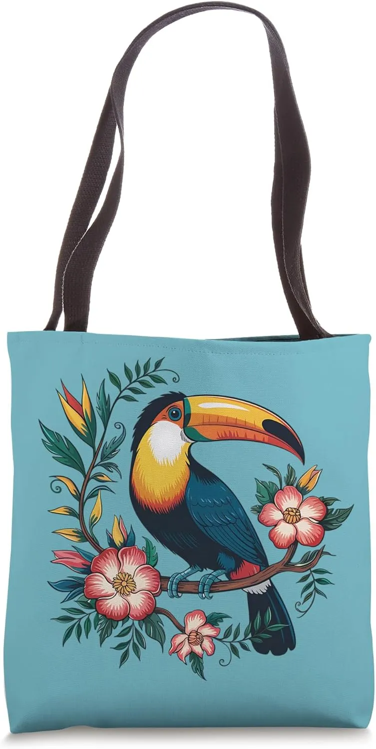 Colorful Toucan Perched on Floral Branch Tropical Art Tote Bag