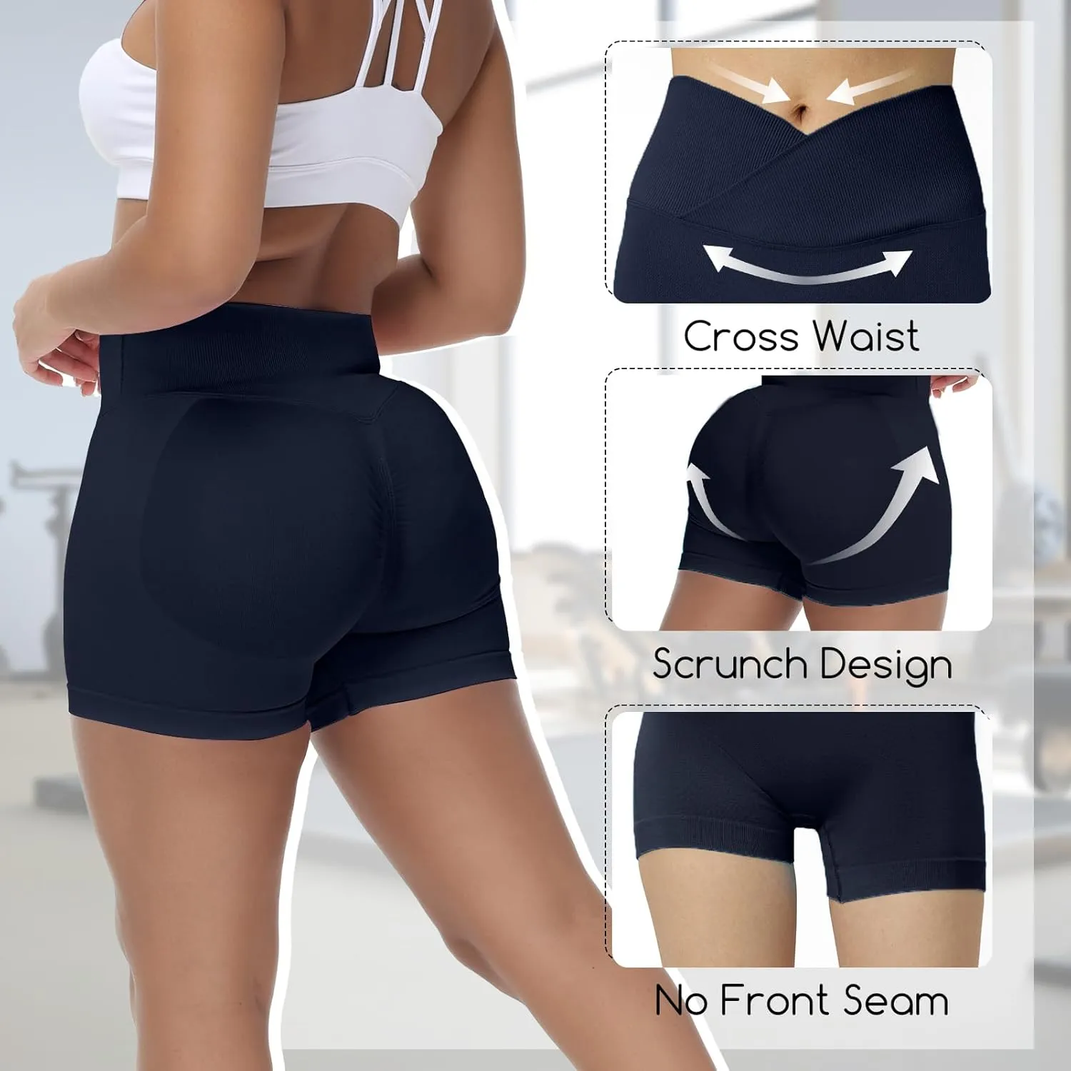 Coume 3 Pack Workout Shorts for Women Waist Seamless High Cross Scrunch Butt Lifting Biker Gym Yoga Athletic Booty Shorts
