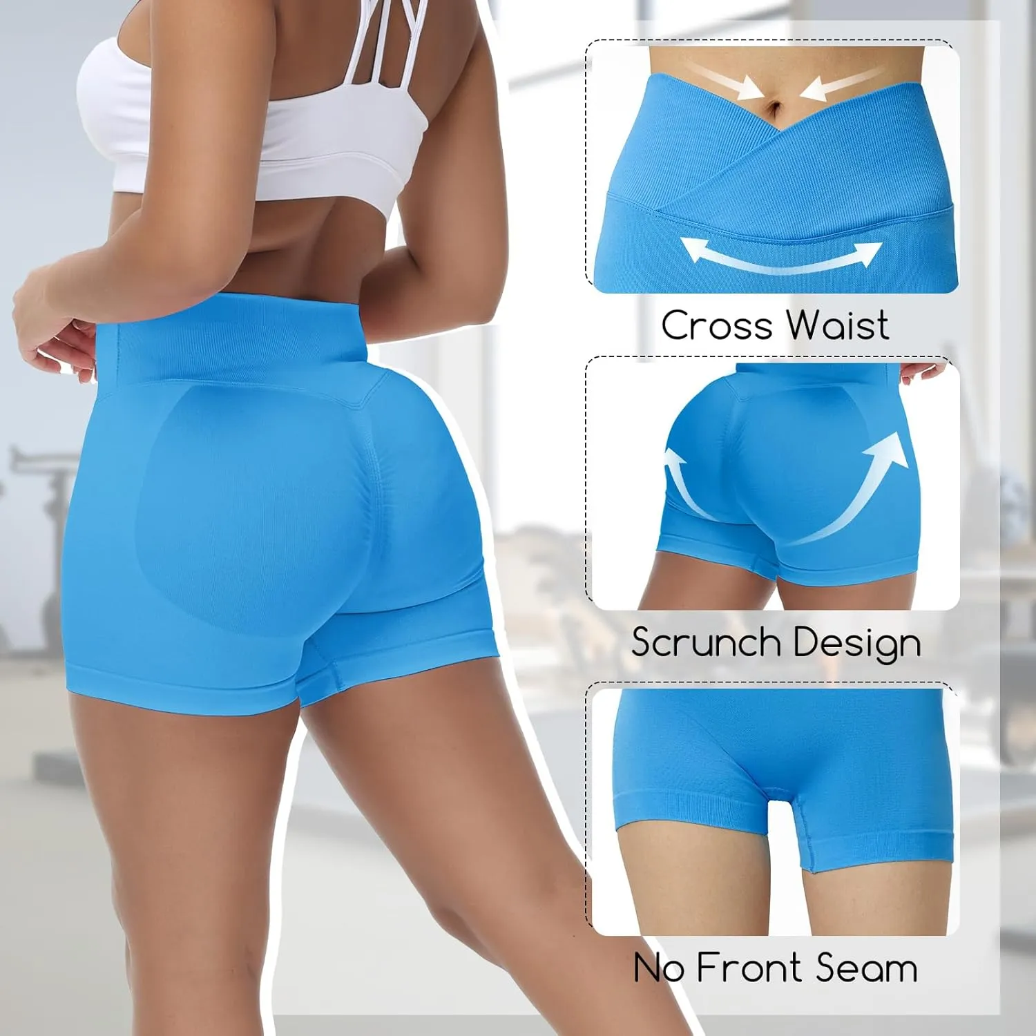 Coume 3 Pack Workout Shorts for Women Waist Seamless High Cross Scrunch Butt Lifting Biker Gym Yoga Athletic Booty Shorts