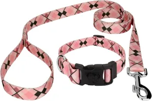 Country Brook Petz - Pink and Brown Argyle Deluxe Dog Collar and Leash - Plaid and Argyle Collection Featuring Charming Designs (1 Inch, Medium)