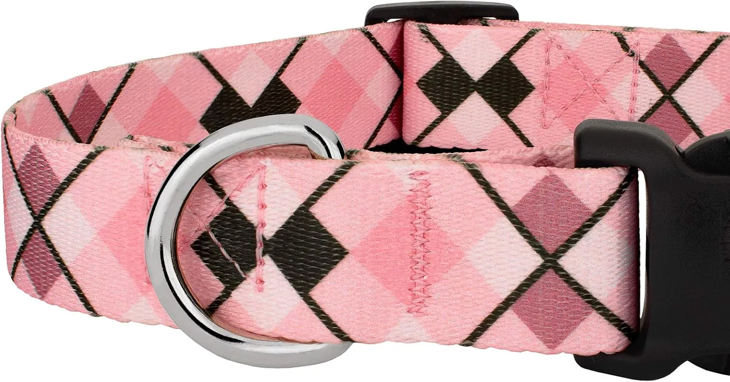 Country Brook Petz - Pink and Brown Argyle Deluxe Dog Collar and Leash - Plaid and Argyle Collection Featuring Charming Designs (1 Inch, Medium)
