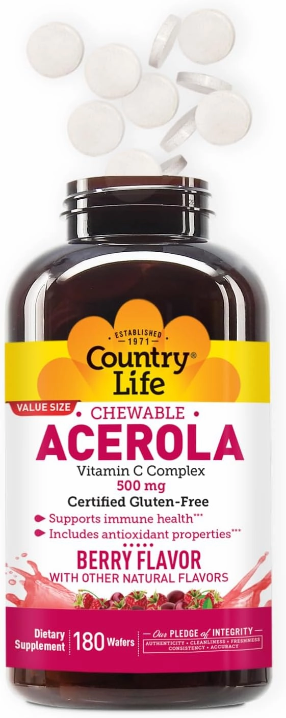 Country Life Acerola Vitamin C Complex, 500mg, Chewable Berry Flavored Wafers, Supports Immune Health, 180 Wafers, Certified Gluten Free by GFCO , Certified Vegan by AVA