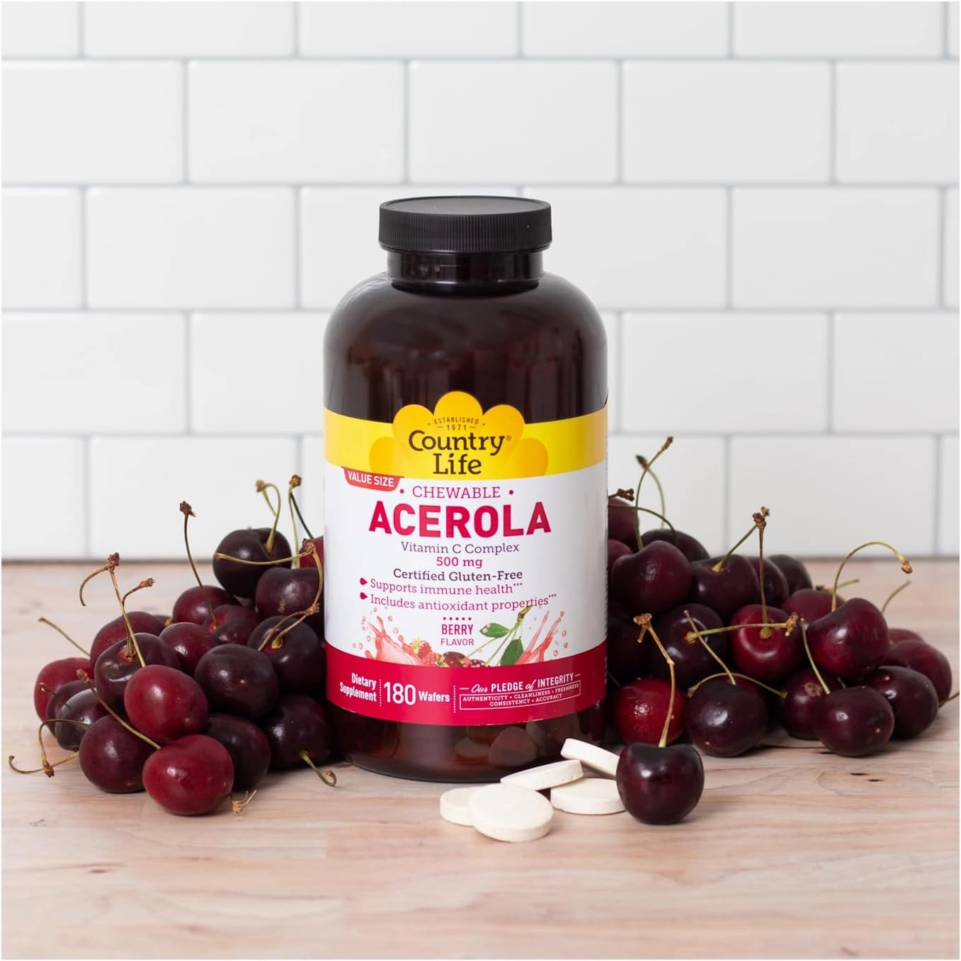 Country Life Acerola Vitamin C Complex, 500mg, Chewable Berry Flavored Wafers, Supports Immune Health, 180 Wafers, Certified Gluten Free by GFCO , Certified Vegan by AVA