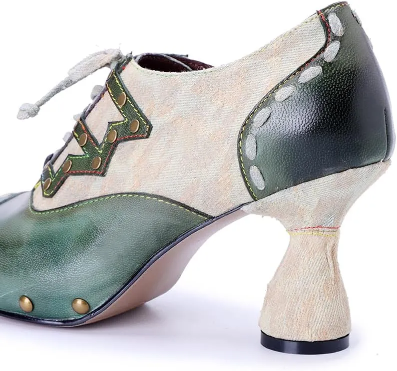 CrazycatZ Women's Bright Color Patchwork Studded Leather & Fabric Chunky Block Heel Pumps - Retro Party Dress Shoes