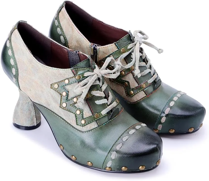 CrazycatZ Women's Bright Color Patchwork Studded Leather & Fabric Chunky Block Heel Pumps - Retro Party Dress Shoes