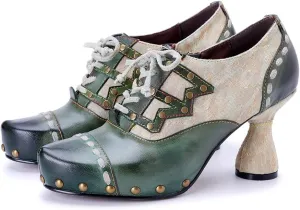 CrazycatZ Women's Bright Color Patchwork Studded Leather & Fabric Chunky Block Heel Pumps - Retro Party Dress Shoes