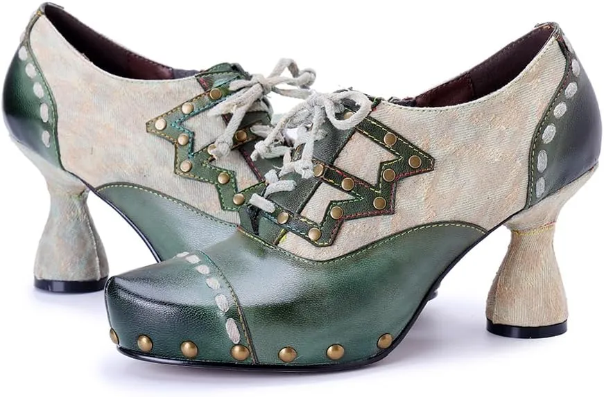 CrazycatZ Women's Bright Color Patchwork Studded Leather & Fabric Chunky Block Heel Pumps - Retro Party Dress Shoes
