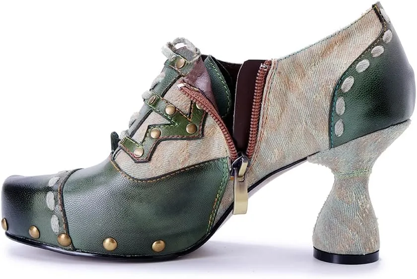 CrazycatZ Women's Bright Color Patchwork Studded Leather & Fabric Chunky Block Heel Pumps - Retro Party Dress Shoes