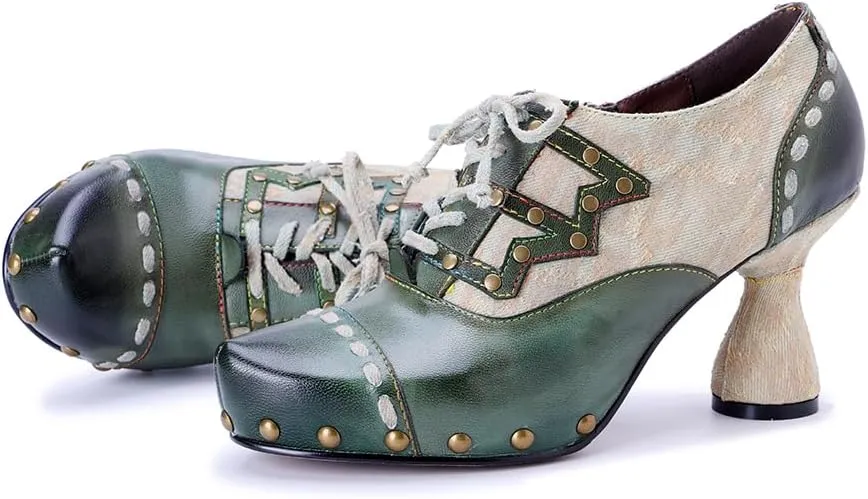 CrazycatZ Women's Bright Color Patchwork Studded Leather & Fabric Chunky Block Heel Pumps - Retro Party Dress Shoes