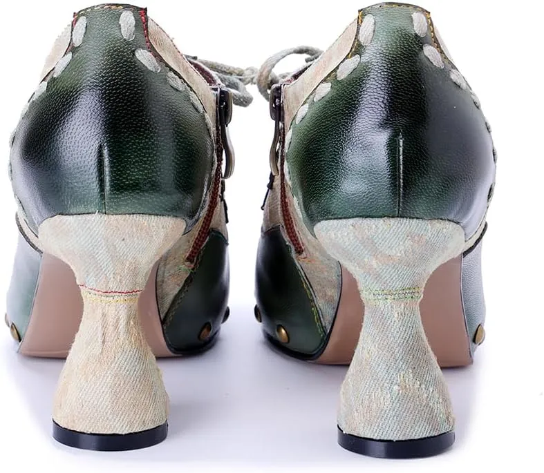 CrazycatZ Women's Bright Color Patchwork Studded Leather & Fabric Chunky Block Heel Pumps - Retro Party Dress Shoes