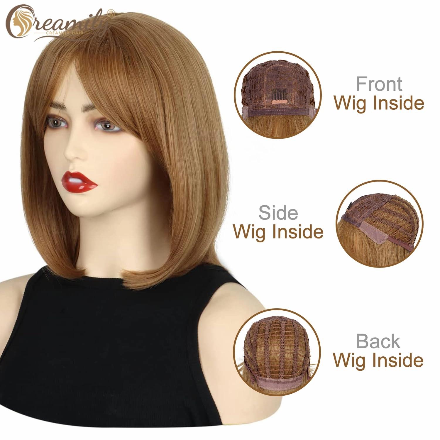 Creamily 12 Inch Short Strawberry Blonde Wigs with Bangs Medium Length Blonde Straight Wig Synthetic Hair Replacement Wig for Women Daily Wear Cosplay Halloween Costume Wigs