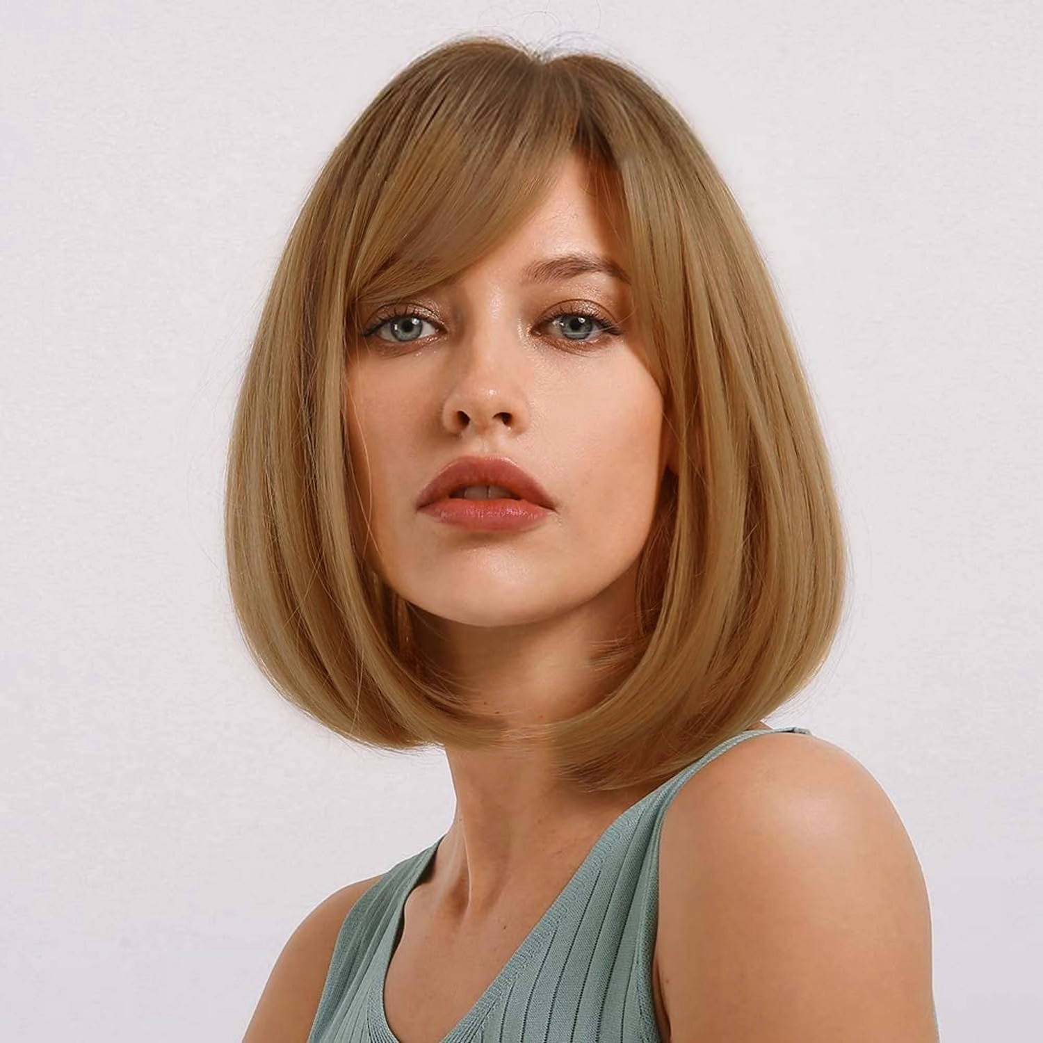 Creamily 12 Inch Short Strawberry Blonde Wigs with Bangs Medium Length Blonde Straight Wig Synthetic Hair Replacement Wig for Women Daily Wear Cosplay Halloween Costume Wigs