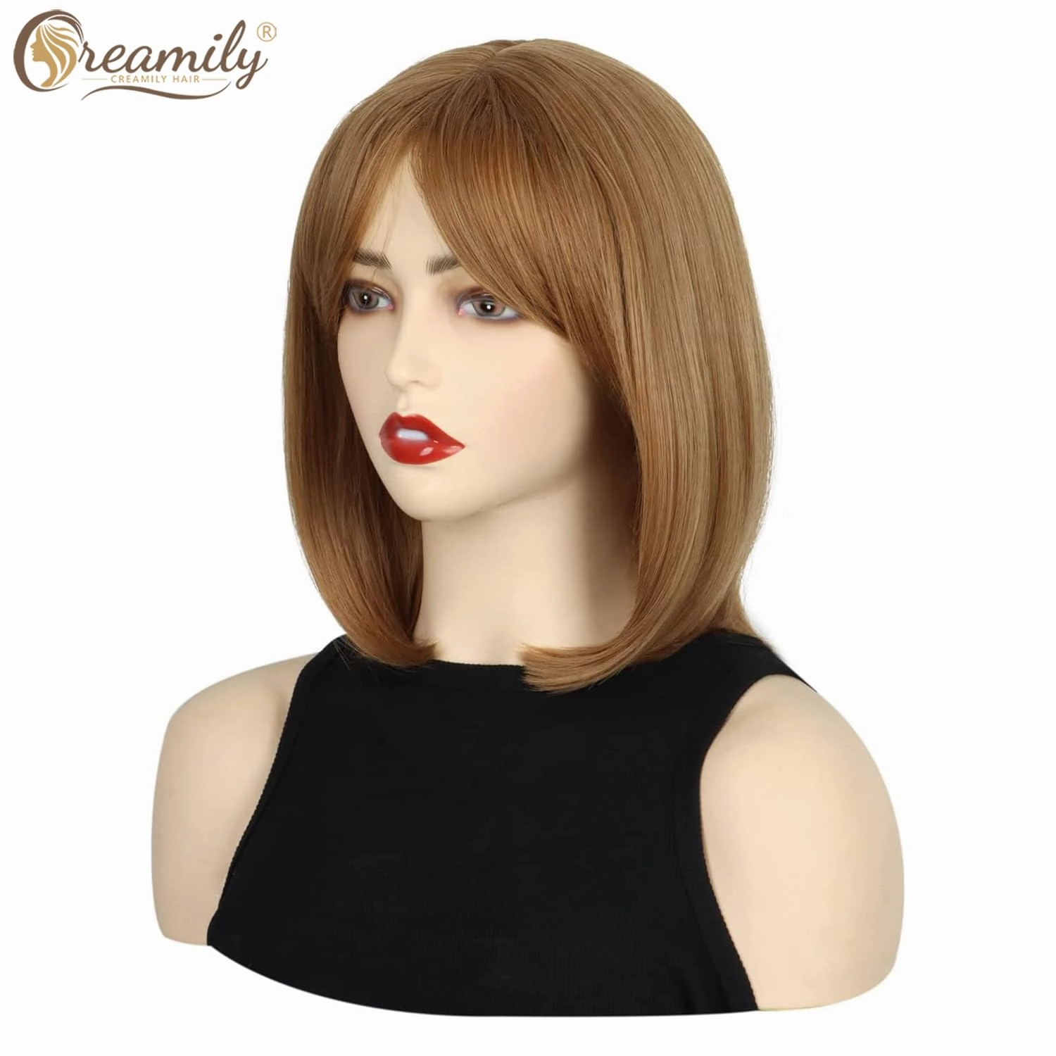 Creamily 12 Inch Short Strawberry Blonde Wigs with Bangs Medium Length Blonde Straight Wig Synthetic Hair Replacement Wig for Women Daily Wear Cosplay Halloween Costume Wigs