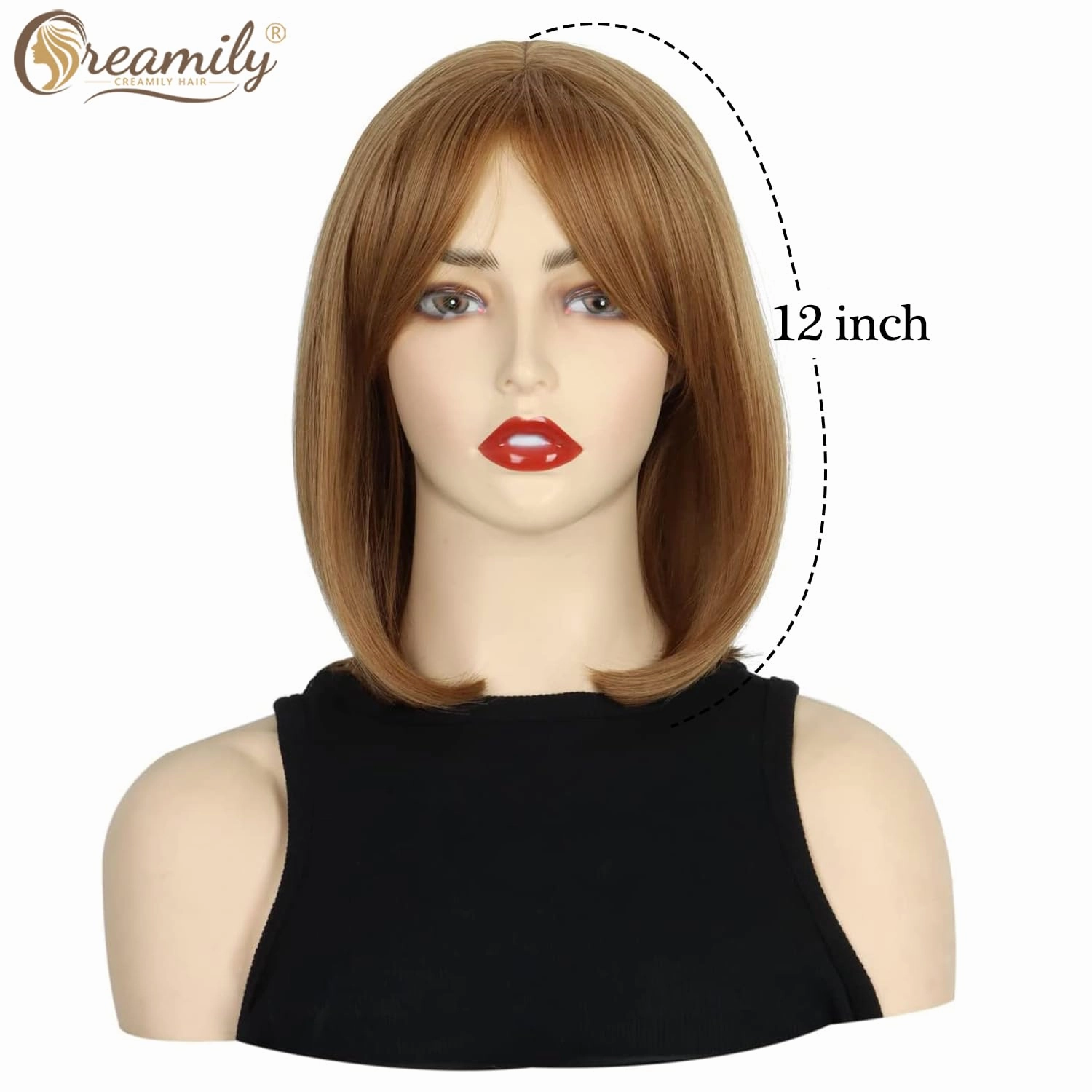 Creamily 12 Inch Short Strawberry Blonde Wigs with Bangs Medium Length Blonde Straight Wig Synthetic Hair Replacement Wig for Women Daily Wear Cosplay Halloween Costume Wigs