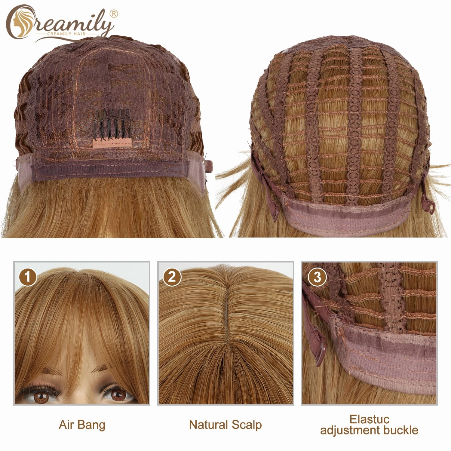 Creamily 12 Inch Short Strawberry Blonde Wigs with Bangs Medium Length Blonde Straight Wig Synthetic Hair Replacement Wig for Women Daily Wear Cosplay Halloween Costume Wigs