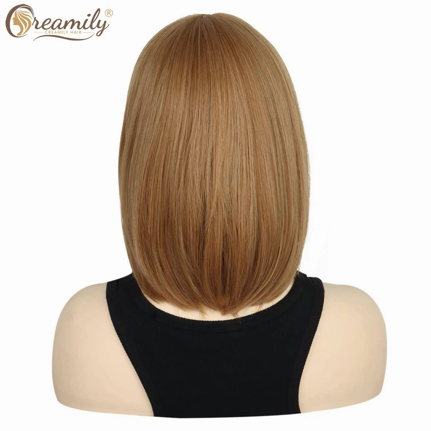 Creamily 12 Inch Short Strawberry Blonde Wigs with Bangs Medium Length Blonde Straight Wig Synthetic Hair Replacement Wig for Women Daily Wear Cosplay Halloween Costume Wigs