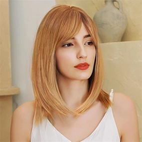Creamily 14 Inch Short Blonde Straight Bob Wigs for Women Shoulder Length Synthetic Hair Wig with Bangs Halloween Costume Cosplay Wigs
