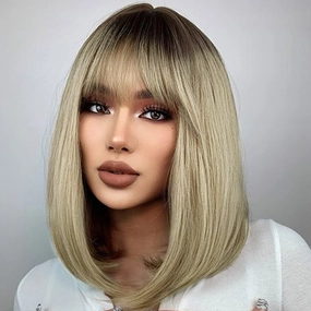 Creamily 14 Inch Short Ombre Blonde Bob Wigs with Bangs Shoulder Length Straight Wig with Dark Root Synthetic Hair Replacement Wig for Women Halloween Costume Cosplay Wigs