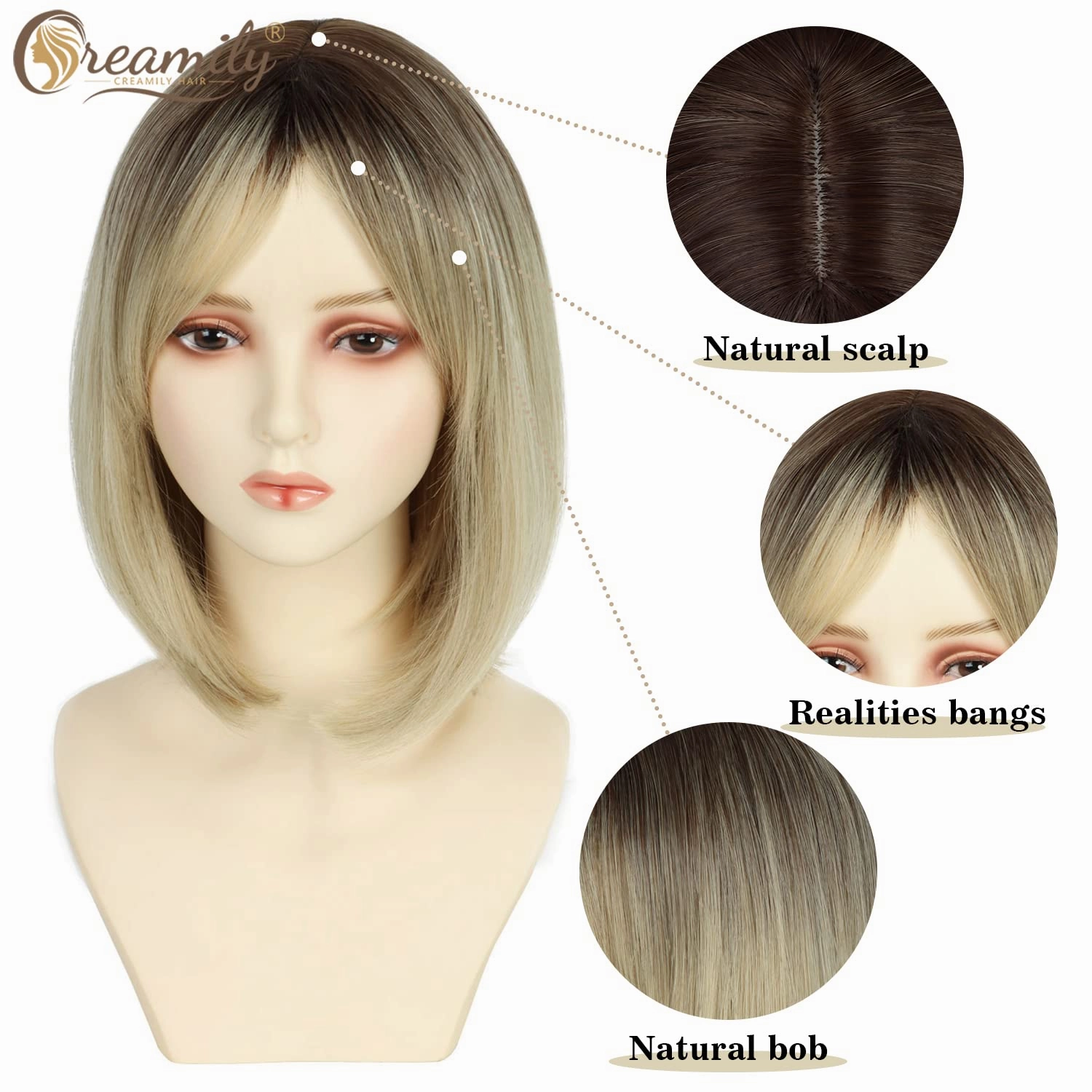 Creamily 14 Inch Short Ombre Blonde Bob Wigs with Bangs Shoulder Length Straight Wig with Dark Root Synthetic Hair Replacement Wig for Women Halloween Costume Cosplay Wigs