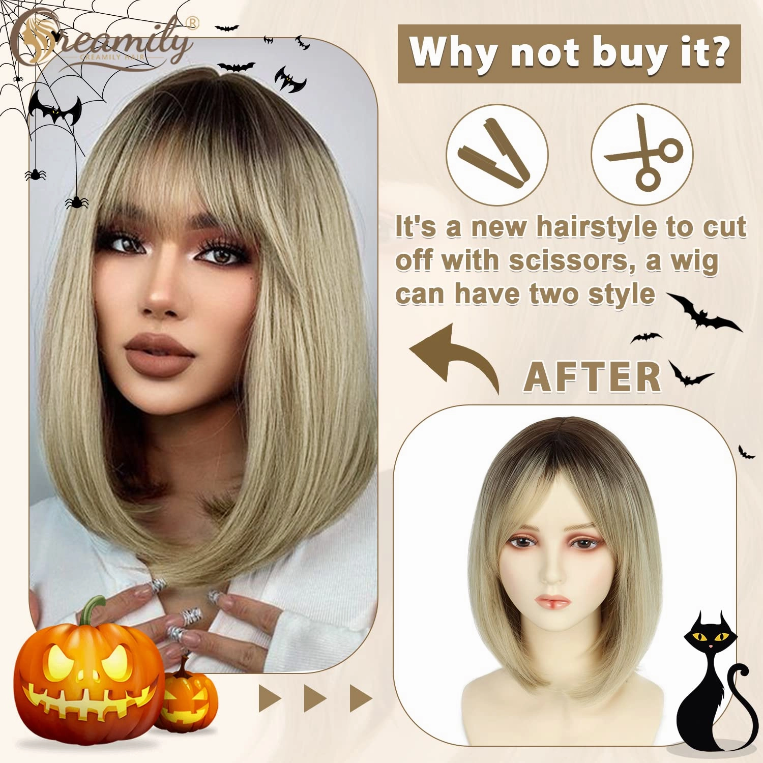 Creamily 14 Inch Short Ombre Blonde Bob Wigs with Bangs Shoulder Length Straight Wig with Dark Root Synthetic Hair Replacement Wig for Women Halloween Costume Cosplay Wigs