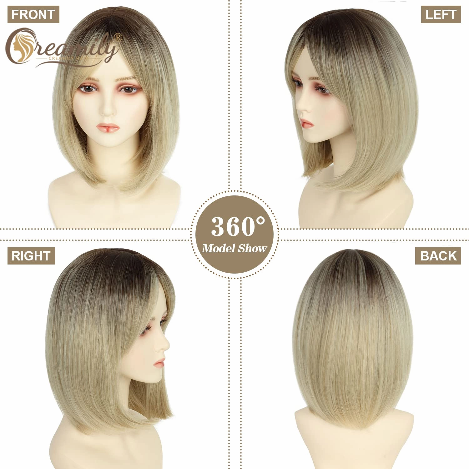 Creamily 14 Inch Short Ombre Blonde Bob Wigs with Bangs Shoulder Length Straight Wig with Dark Root Synthetic Hair Replacement Wig for Women Halloween Costume Cosplay Wigs