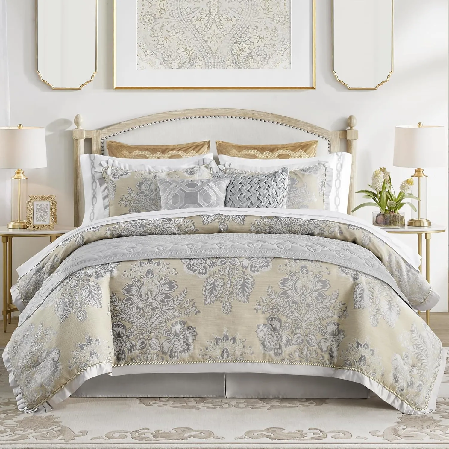CROSCILL Queen Comforter Set, Luxe Chenille Jacquard Floral Medallion, Microfiber Twill Comforter for a Queen-Size Bed, Oversized Comforter Queen Bedding, 2 Shams & Bedskirt, Loretta, Beige 4 Piece